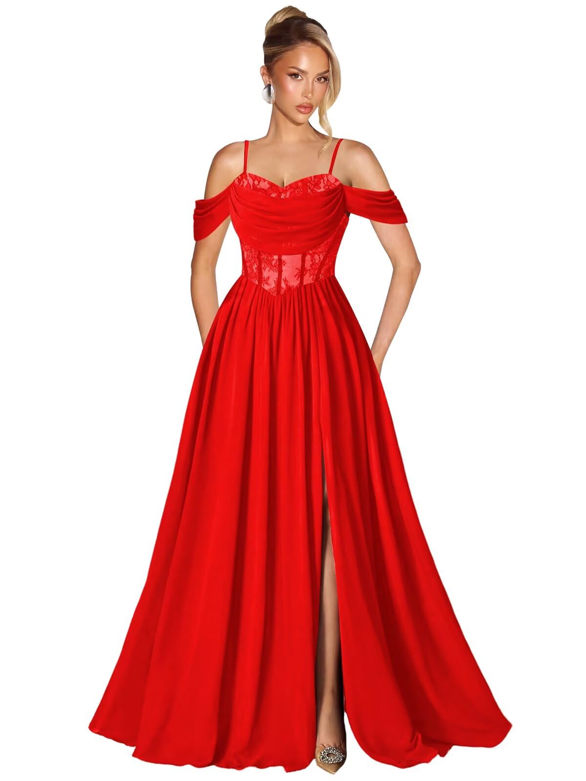 Off Shoulder Lace Applique Prom Dress with Slit A Line Ball Gown Pleated Corset Long Formal Evening Dresses
