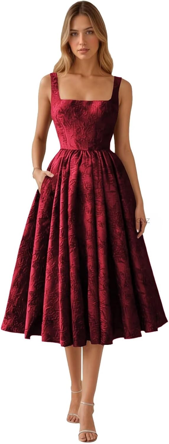 Floral Jacquard Satin Prom Dresses for Women Tea Length Formal Evening Party Dress with Pockets