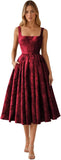 Floral Jacquard Satin Prom Dresses for Women Tea Length Formal Evening Party Dress with Pockets