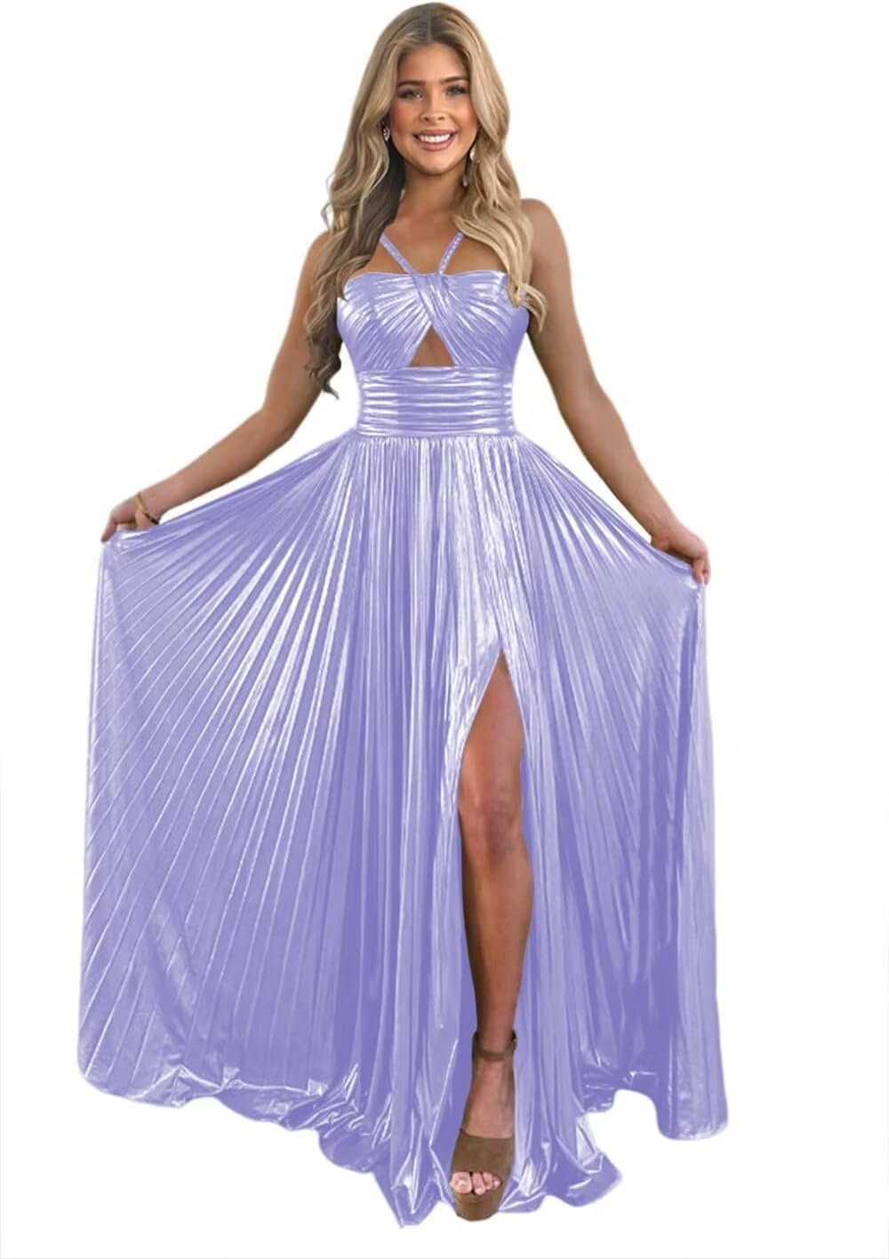 Vestido de fiesta de satén metálico brillante con abertura para mujer, vestido formal de noche plisado con cuello halter 
