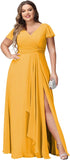 Vestidos de dama de honor de talla grande con mangas con volantes y bolsillos, vestido formal largo con escote en V y abertura. 