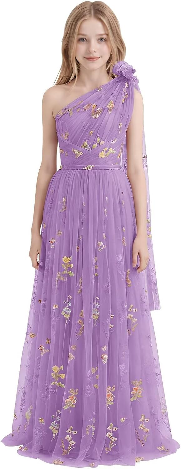 One Shoulder Long Tulle Junior Bridesmaid Dresses for Wedding Flower Girl Dress Formal Prom Gown
