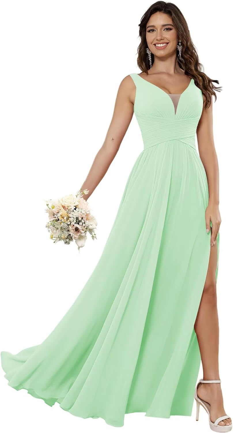 Vestidos de dama de honor sencillos de gasa para mujer con bolsillos, vestidos formales largos con escote en V y abertura 
