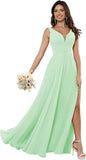 Vestidos de dama de honor sencillos de gasa para mujer con bolsillos, vestidos formales largos con escote en V y abertura 