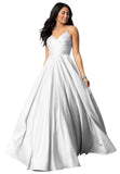 Spaghetti Straps Satin Prom Dresses for Women Long with Pockets Pleated Formal Evening Gowns
