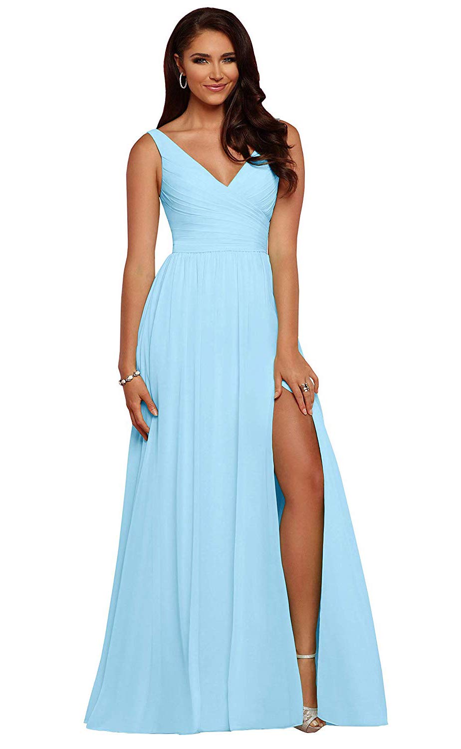 V Neck Chiffon Bridesmaid Dresses for Wedding 2027 Long Pleated Sleeveless Formal Prom Evening Gowns with Slit