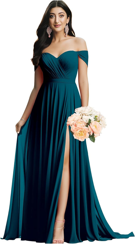 Vestidos de dama de honor con hombros descubiertos para boda, vestido de noche formal de gasa fruncida con abertura y bolsillos 