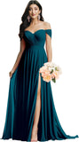 Schulterfreies Brautjungfernkleid für die Hochzeit, gerüschtes Chiffon-Split-Abendkleid mit Taschen 