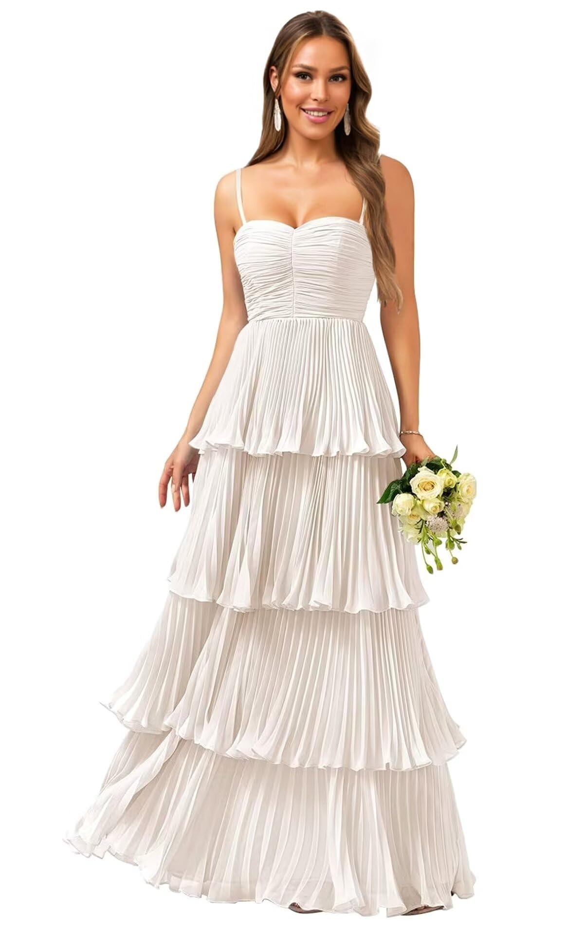 Tiered Ruffle Bridesmaid Dresses for Women Spaghetti Straps Long Chiffon Formal Evening Prom Gowns