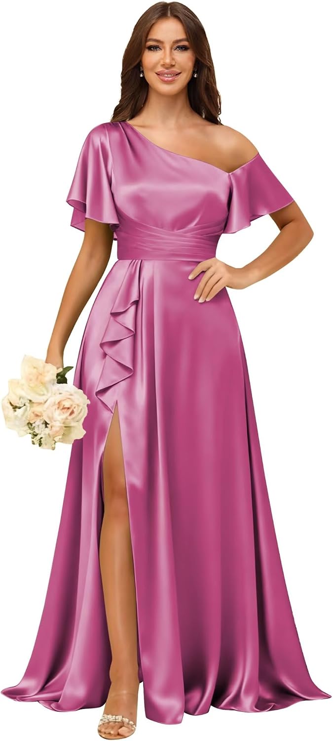 Short Sleeve Satin Bridesmaid Dresses for Women Ruffle One Shoulder Formal Evening Gowns with Slit