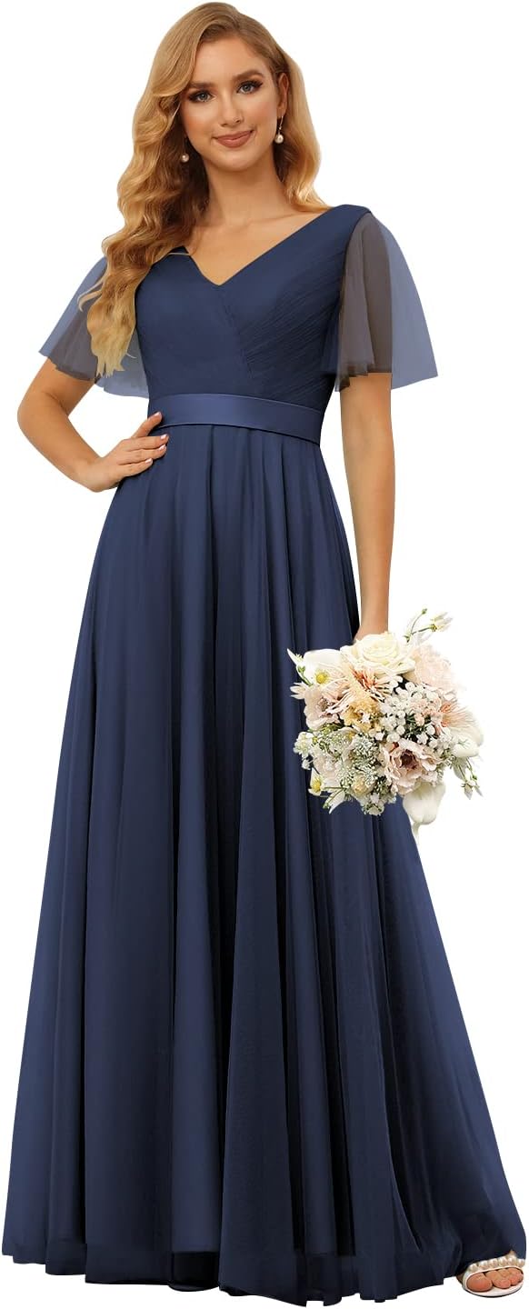 Damen Brautjungfernkleider mit Flatterärmeln, Tüll, lang, V-Ausschnitt, Empire-Taille, formelles Kleid 