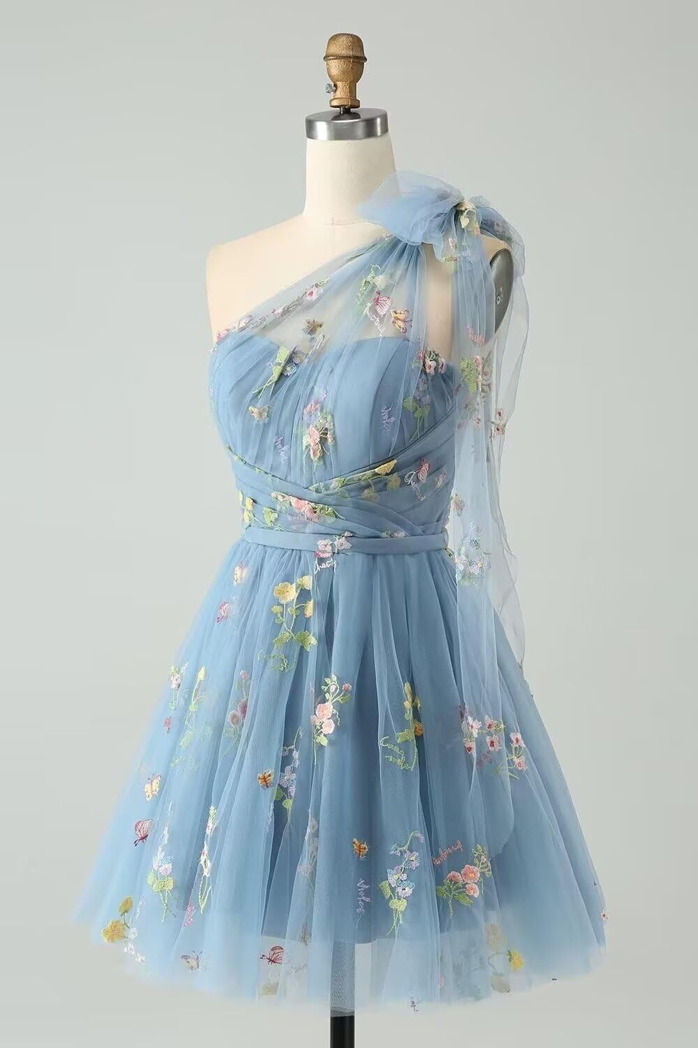 One Shoulder Homecoming Dresses for Teens Flower Embroidery Tulle Short Prom Dress A-Line Formal Party Ball Gowns