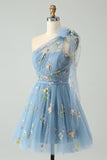 One Shoulder Homecoming Dresses for Teens Flower Embroidery Tulle Short Prom Dress A-Line Formal Party Ball Gowns