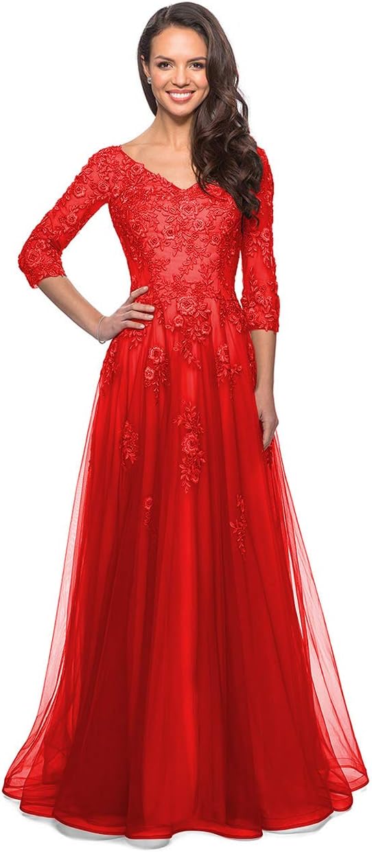Women's Floral Lace Appliques 3/4 Sleeve Mother of The Bride Dresses Long V Neck Formal Dresses with Pockets