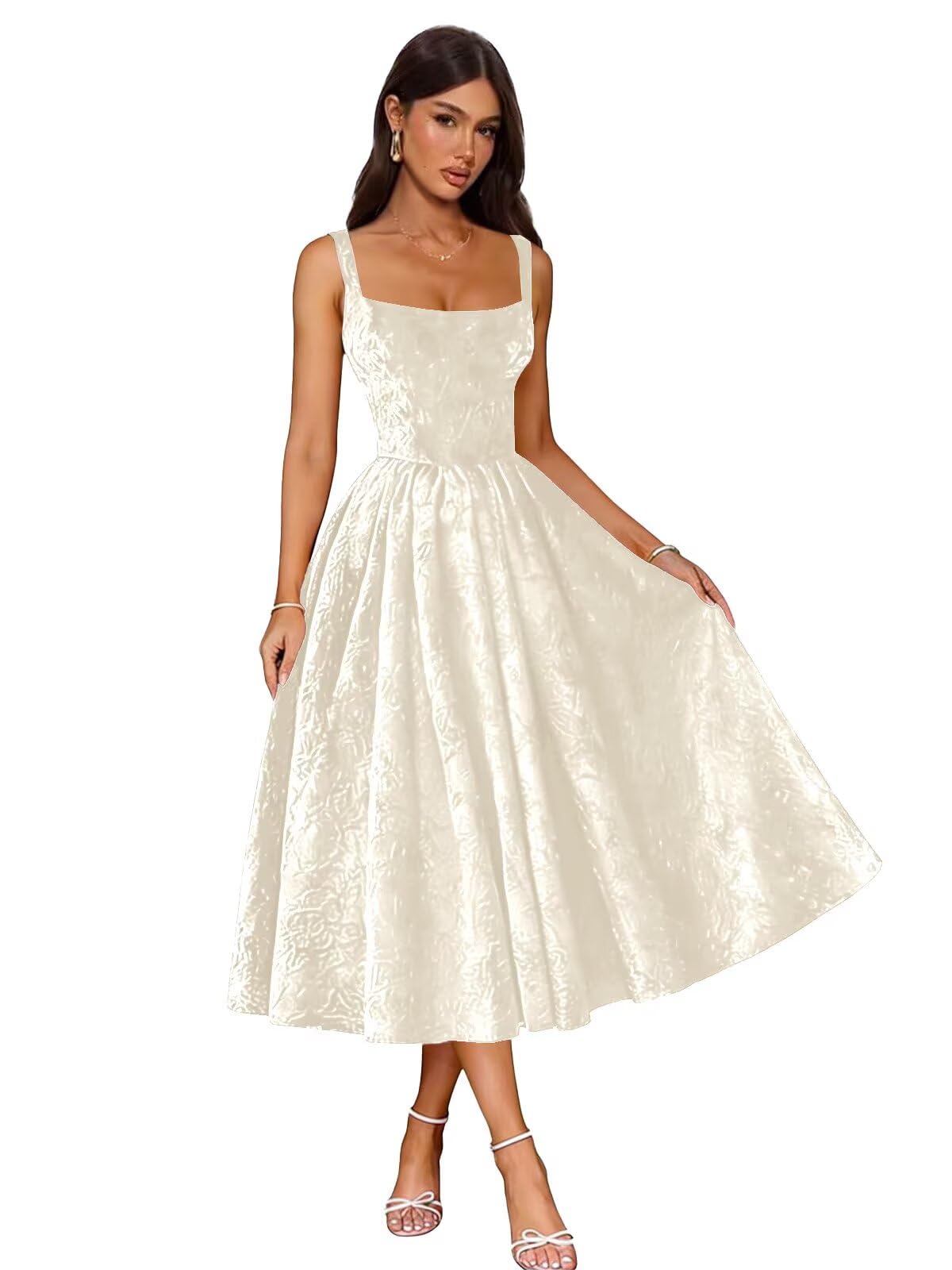 Jacquard Satin Prom Dresses 2026 Floral Square Neck Tea Length Ruched Elegant Formal Ball Gown with Pockets