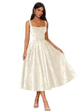 Jacquard Satin Prom Dresses 2026 Floral Square Neck Tea Length Ruched Elegant Formal Ball Gown with Pockets