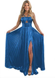 Vestido de fiesta de satén metálico brillante con abertura para mujer, vestido formal de noche plisado con cuello halter 