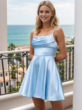 Women's Short Light Blue Homecoming Dresses Flowy Spaghetti Strap Pleated Satin Formal Cocktail Party Gown