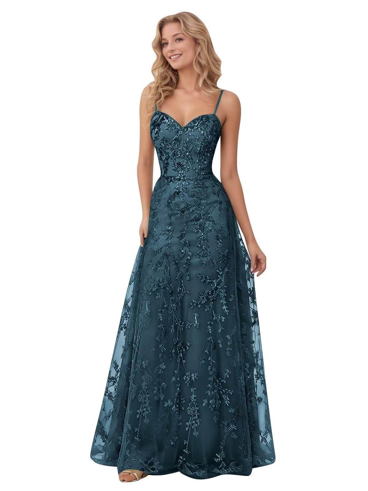 Spaghetti Strap Sparkly Prom Dress for Women Long Tulle Formal Dress Laces Evening Party Gown