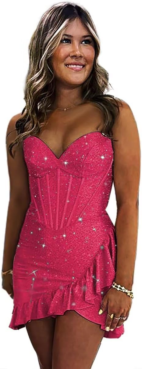 Sequin Homecoming Dresses 2027 Strapless Corset Ruffle Mermaid Short Prom Cocktail Dress