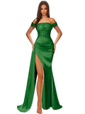 Off Shoulder Sequin Prom Dresses for Women 2027 Long Mermaid Tight Satin Formal Evening Party Dress with Slit