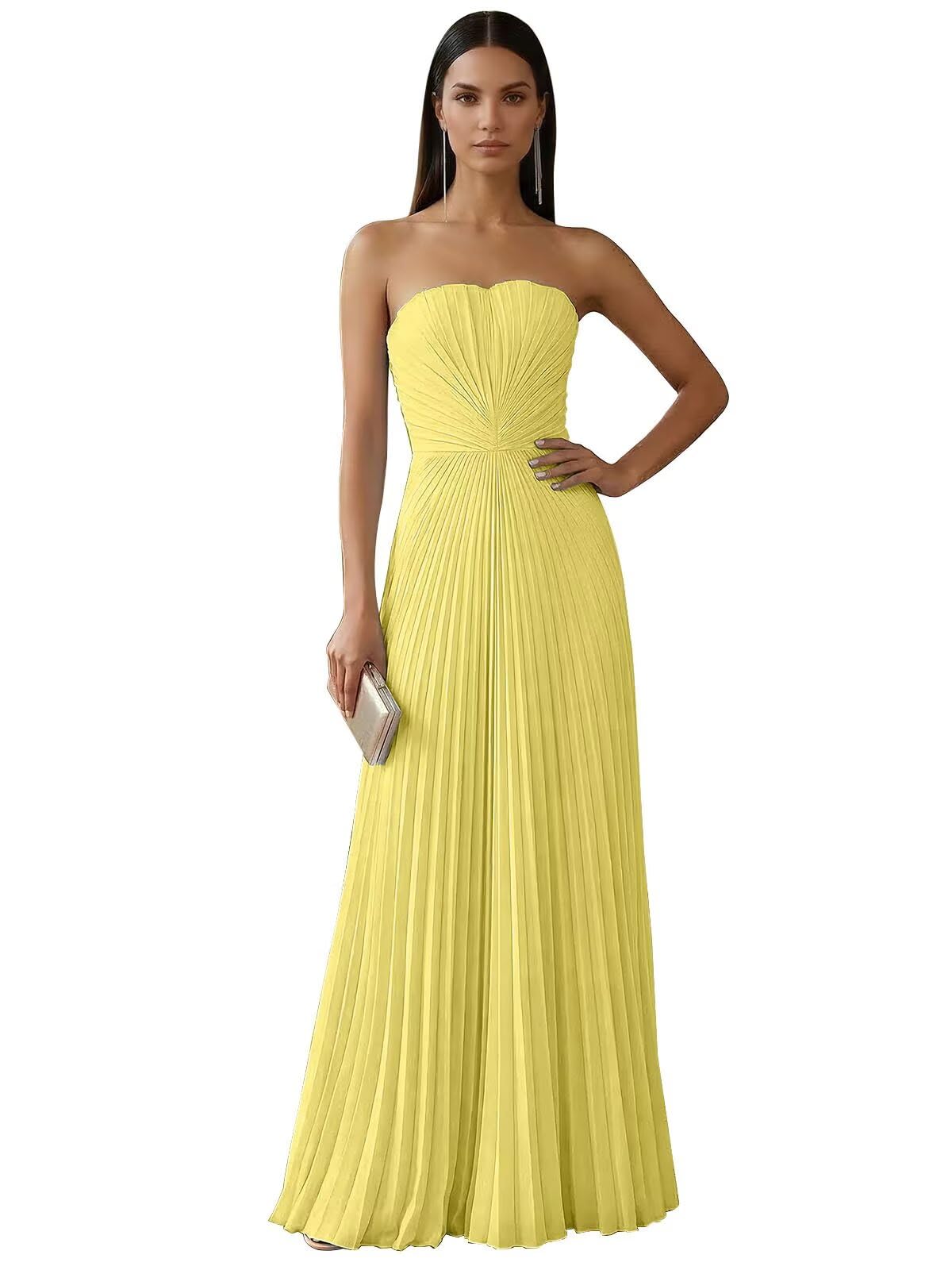 Strapless Prom Dresses for Women Long A Line Cocktail Dress Pleated Chiffon Formal Wedding Guest Dress