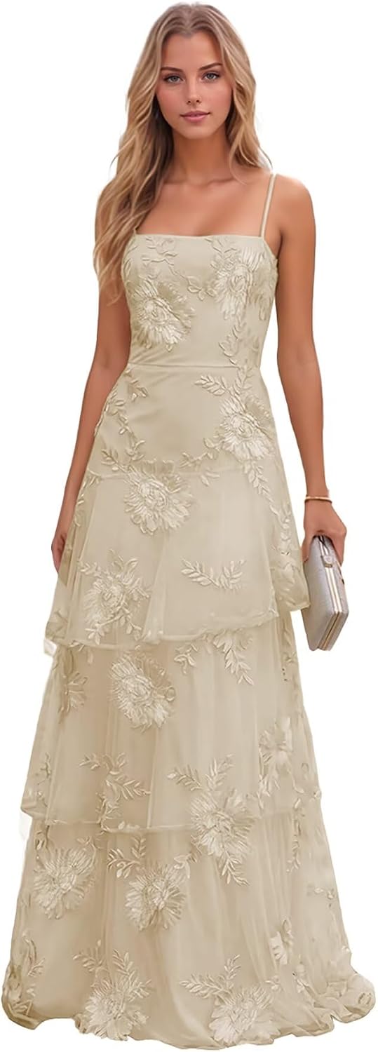 Jacquard Laces Prom Dress for Women Spaghetti Strap Bridesmaid Dresses Long Formal Wedding Party Gown