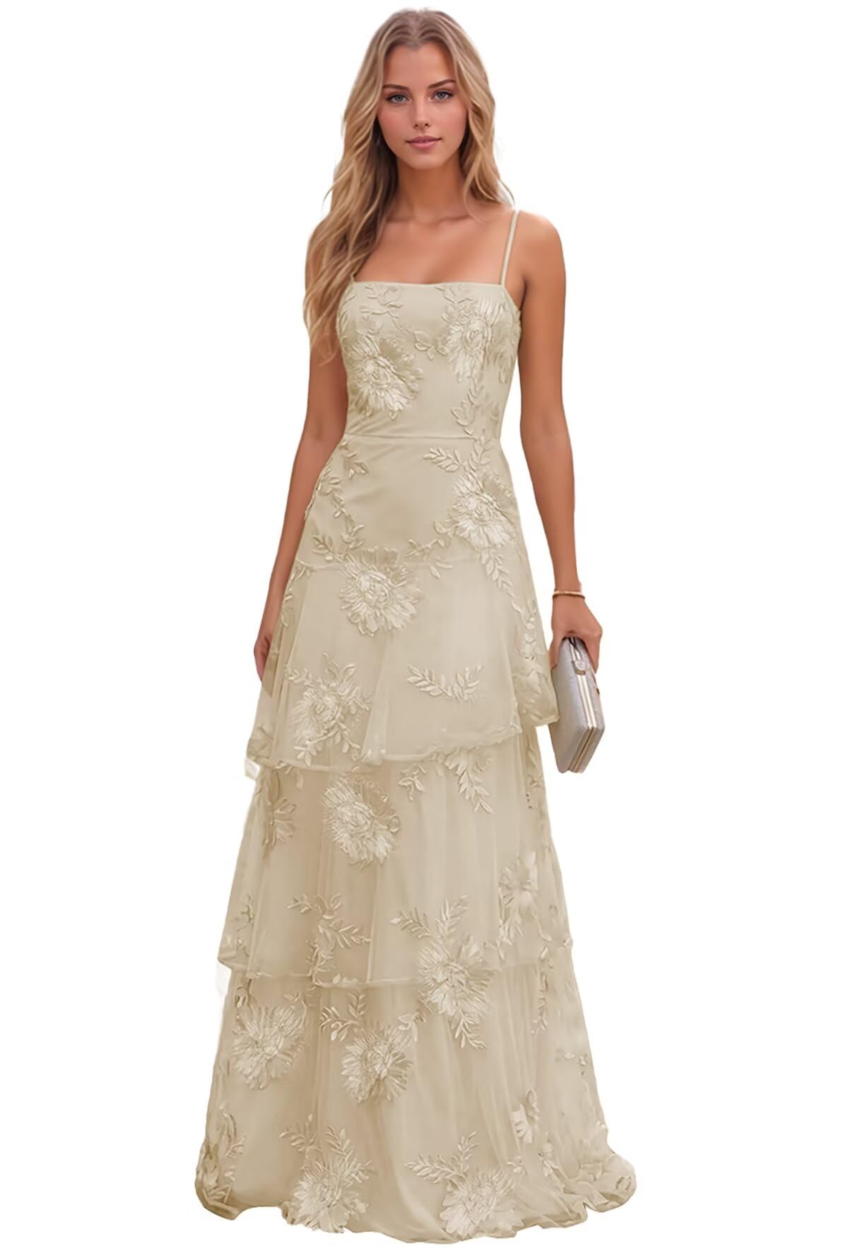 Jacquard Laces Prom Dress for Women Spaghetti Strap Bridesmaid Dresses Long Formal Wedding Party Gown