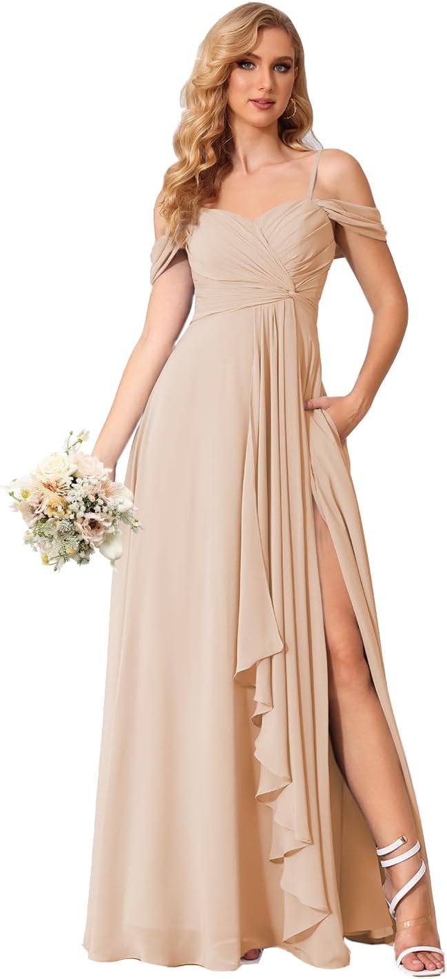 Damen Schulterfreies Brautjungfernkleid Lang mit Schlitz Chiffon Rüschen Falten Formales Partykleid 