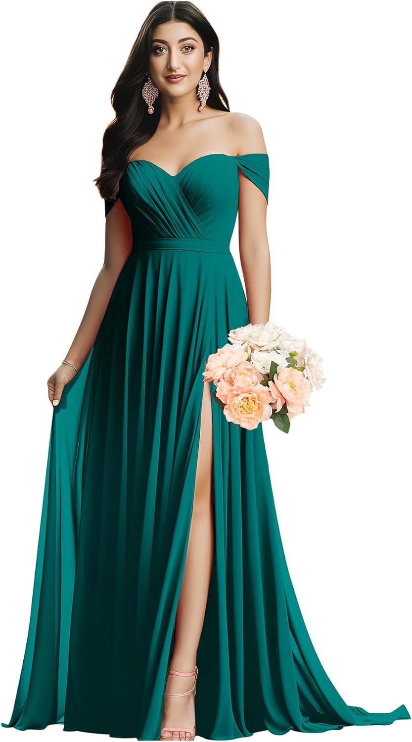 Schulterfreies Brautjungfernkleid für die Hochzeit, gerüschtes Chiffon-Split-Abendkleid mit Taschen 