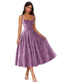 Jacquard Satin Prom Dresses 2026 Floral Square Neck Tea Length Ruched Elegant Formal Ball Gown with Pockets