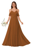 Women's Long Chiffon Bridesmaid Dresses Ruffle V Neck Formal Evening Prom Gown Spaghetti Strap Maxi Wedding Guest Dress