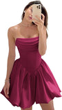 Satin Flower Bud Homecoming Dress Short Prom Dress Cowl Neck Pleated A Line Mini Cocktail Party Gown