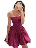 Satin Flower Bud Homecoming Dress Short Prom Dress Cowl Neck Pleated A Line Mini Cocktail Party Gown