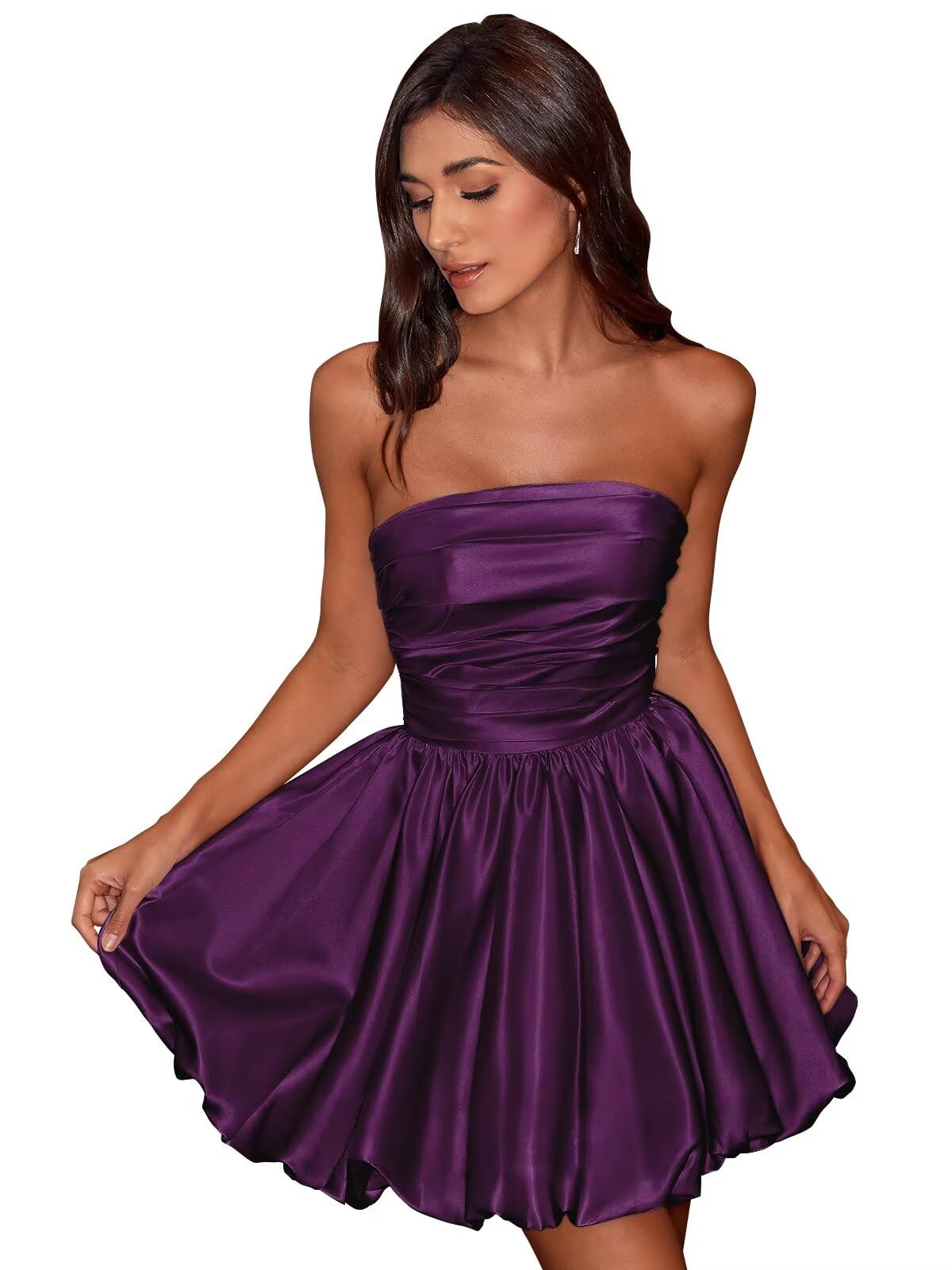 Short Satin A-Line Ruched Homecoming Dresses for Teens Strapless Ruched Mini Formal Cocktail Party Dress