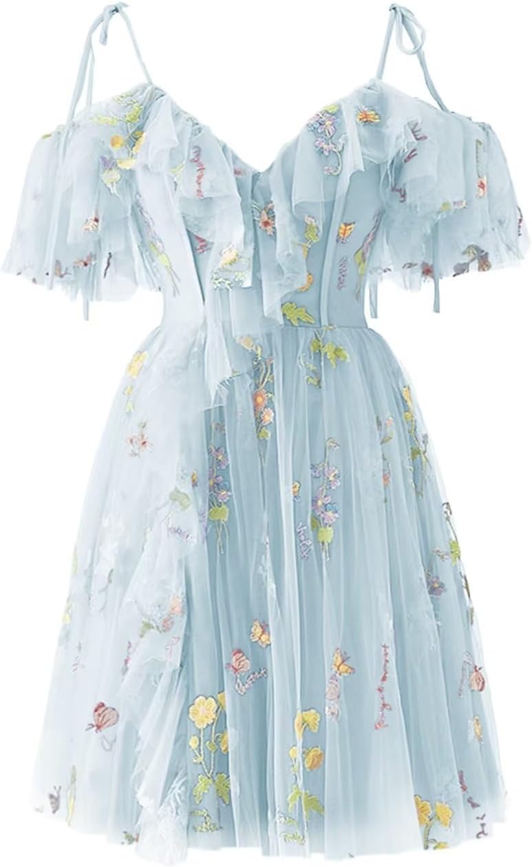Vestidos de fiesta cortos de tul con bordado floral para mujer, vestidos formales para adolescentes 