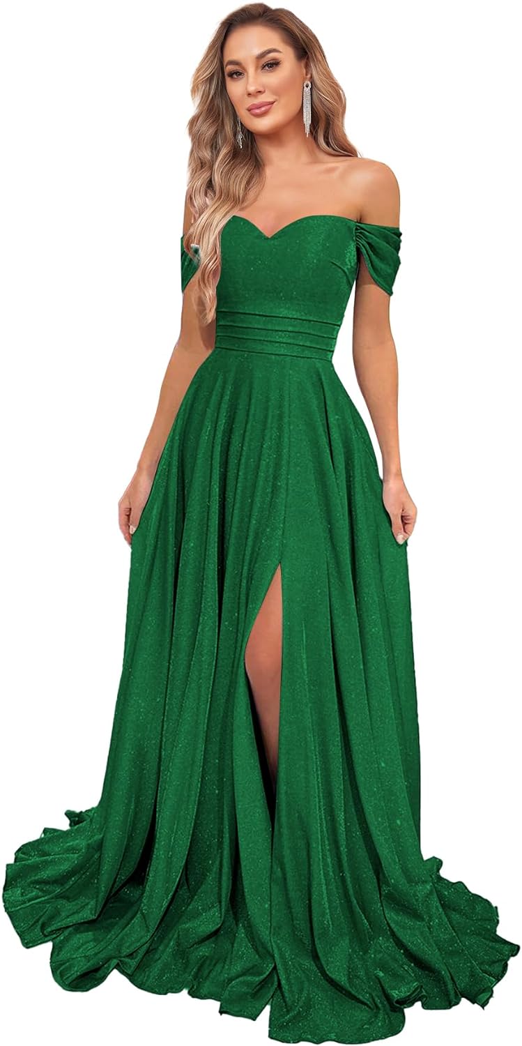 Women's Glittery Prom Dresses Long Ball Gown Off Shoulder High Slit Formal Evening Gowns with Pockets