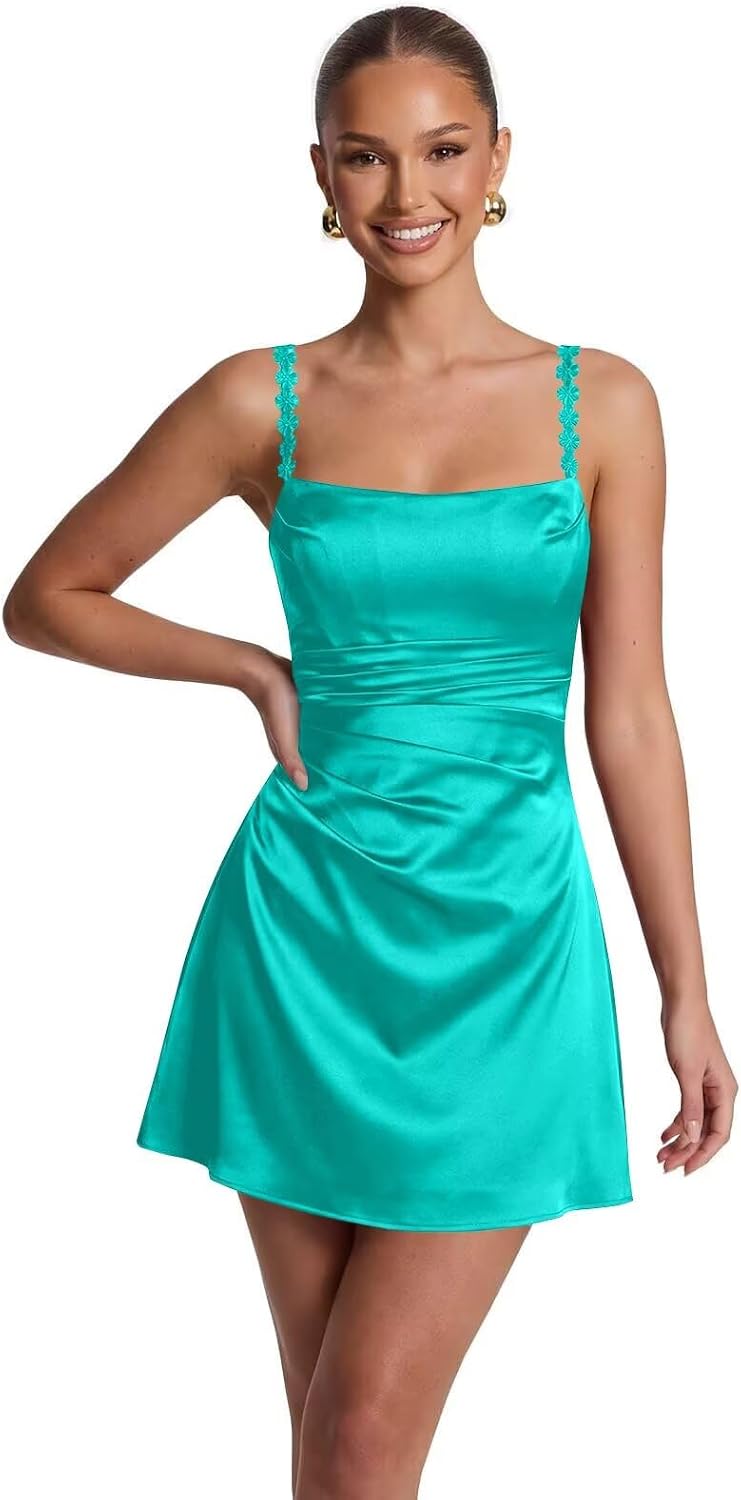 Satin Homecoming Dresses for Teens 2026 Spaghetti Straps Short Prom Dress A-line Pleated Cocktail Party Gowns