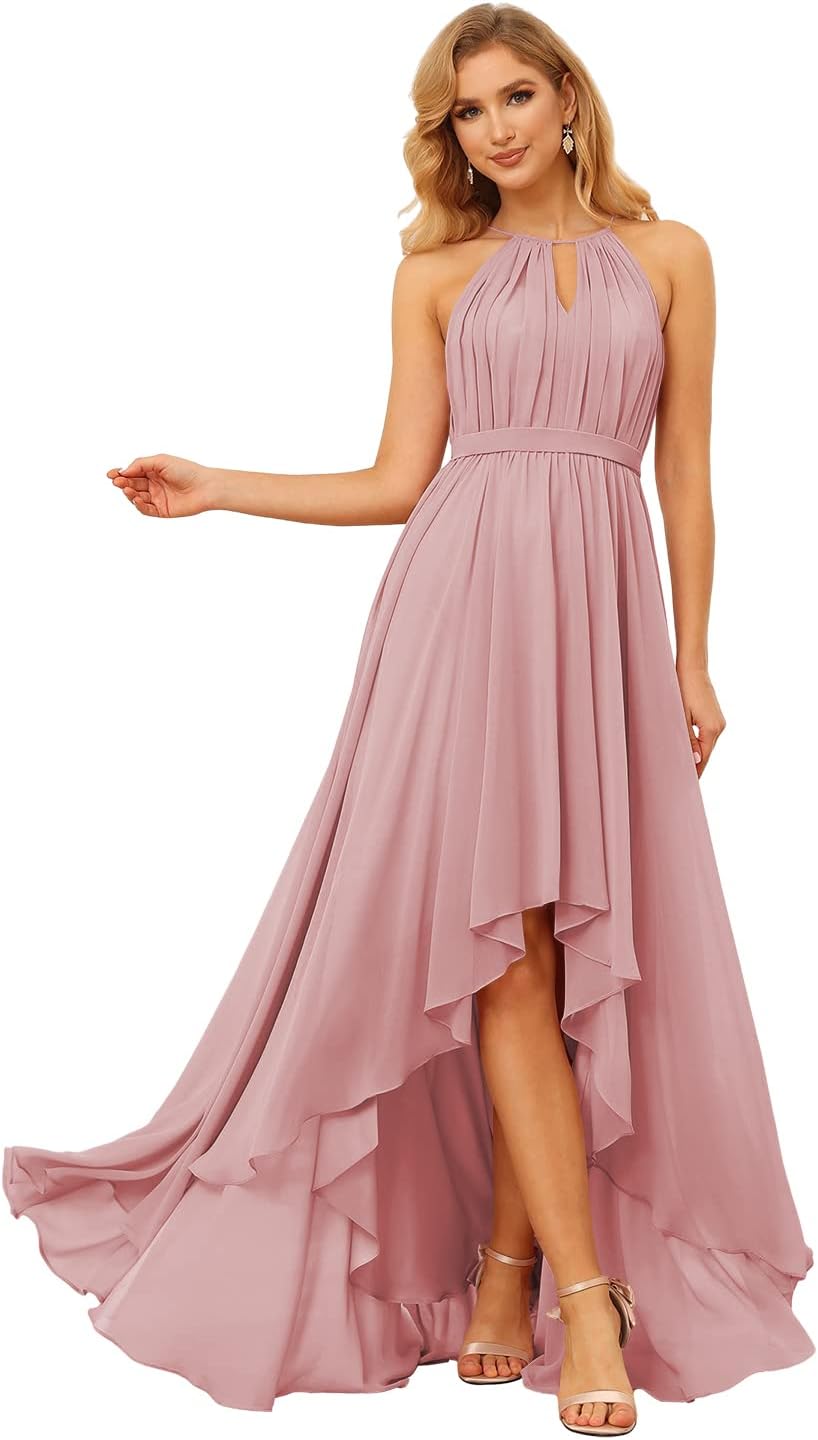 Damen Neckholder Brautjungfernkleider Lang mit Taschen High-Low Falten Formelles Kleid für Hochzeit 