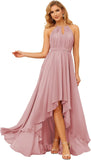 Damen Neckholder Brautjungfernkleider Lang mit Taschen High-Low Falten Formelles Kleid für Hochzeit 