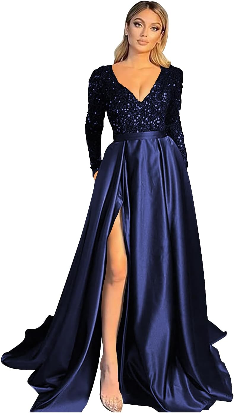 Vestido de fiesta de satén con lentejuelas brillantes para mujer, con bolsillos, manga larga y abertura. 