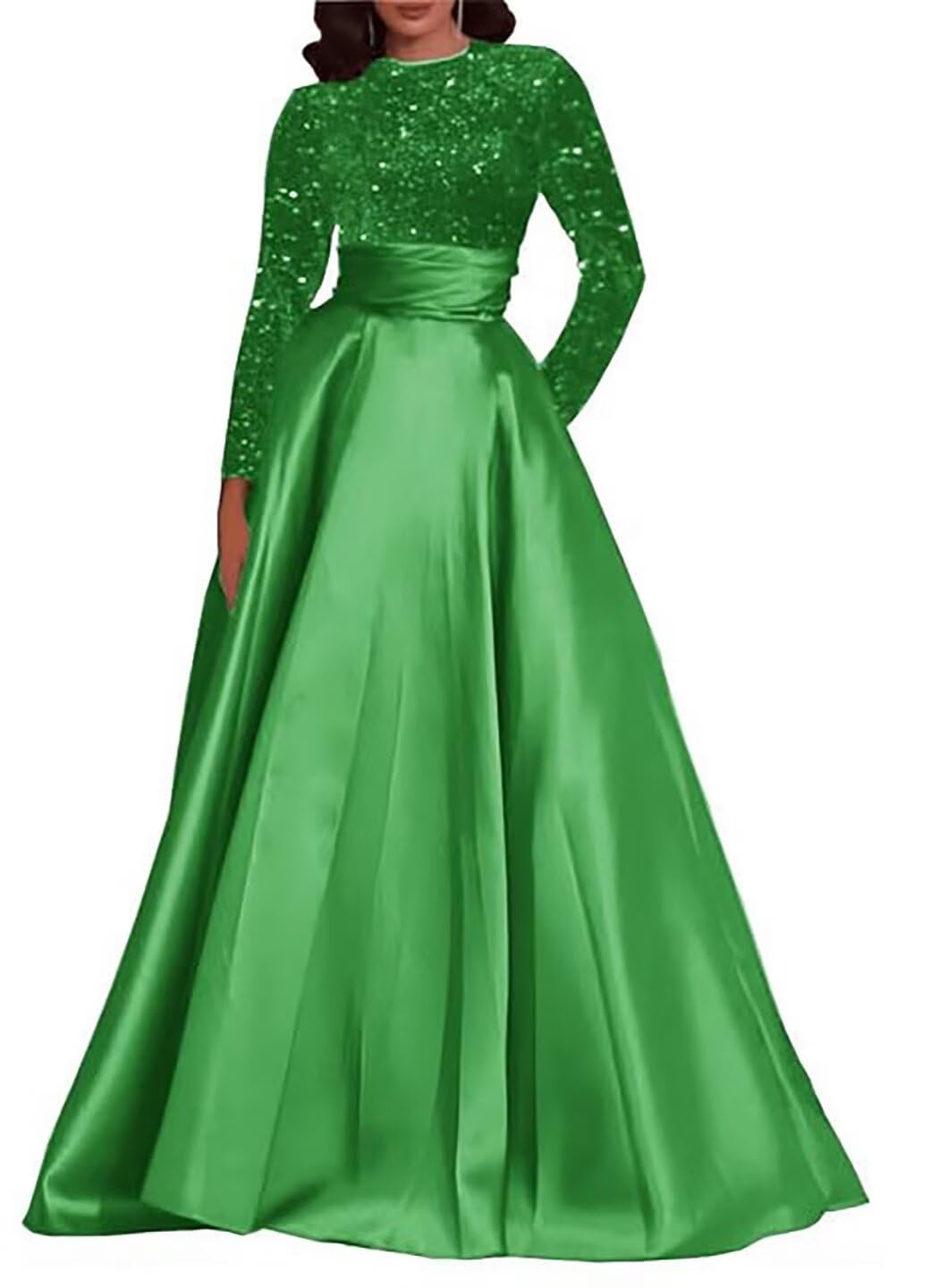 Kingbridal Gowns Long Sleeve Sequin Prom Dresses for Women Satin A-line Formal Dress 2026 Sparkly Evening Party Gowns with Pockets