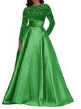 Kingbridal Gowns Long Sleeve Sequin Prom Dresses for Women Satin A-line Formal Dress 2026 Sparkly Evening Party Gowns with Pockets