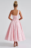 Jacquard Floral Satin Prom Dresses 2026 One Shoulder A-Line Midi Formal Evening Party Gown with Pockets for Women