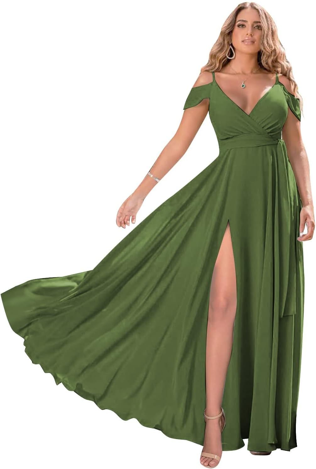 Schulterfreie Brautjungfernkleider 2025 für Frauen, langes Chiffon-Abendkleid mit V-Ausschnitt und Schlitz