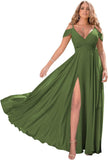 Schulterfreie Brautjungfernkleider 2025 für Frauen, langes Chiffon-Abendkleid mit V-Ausschnitt und Schlitz