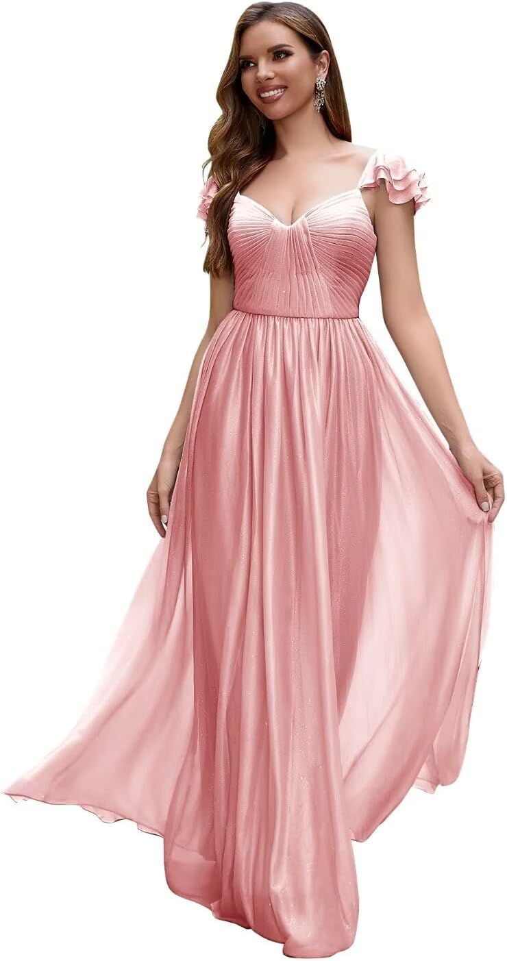 Cap Sleeve Bridesmaid Dresses for Women Long V Neck Ruffled Split Glittery Long Formal Evening Dress with Pocket