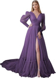Puffy Sleeve Tulle Prom Dresses Long Ball Gown with Slit for Women 2027 V Neck Long Formal Evening Gowns