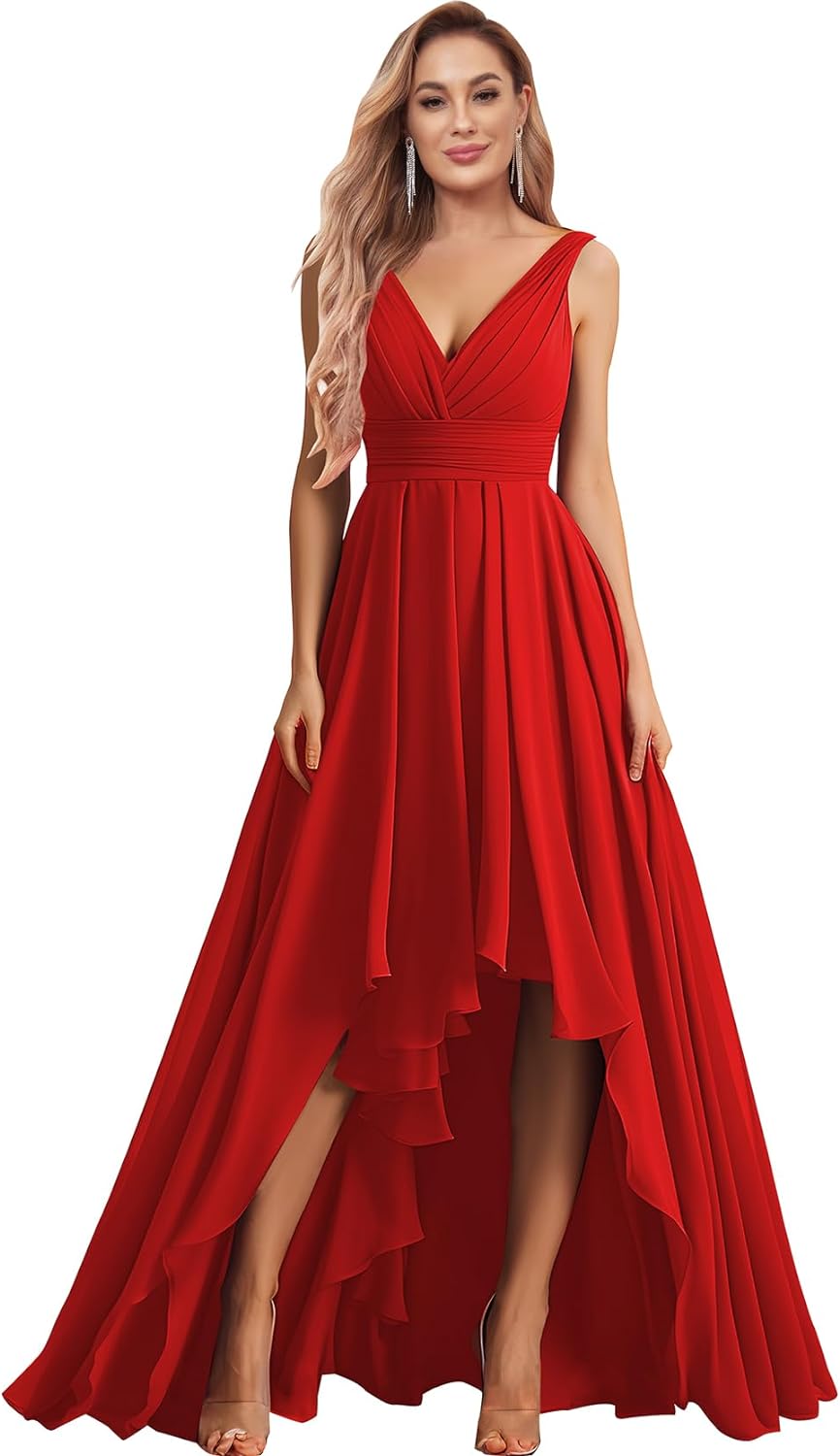 Vestidos de dama de honor con escote en V para mujer, para boda, con bolsillos, de gasa fruncida, largos, formales, para fiesta de graduación y noche.
