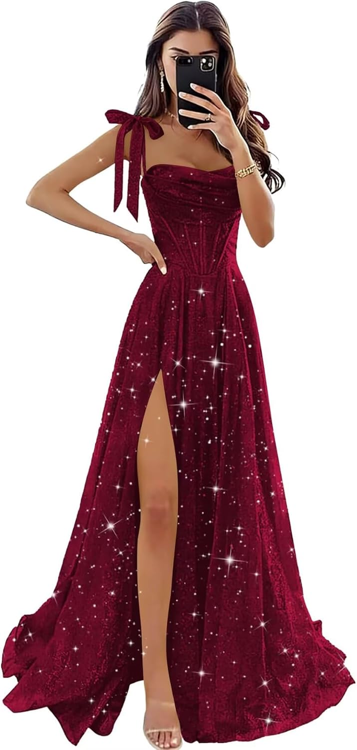 Tulle Prom Dresses with Slit Spaghetti Straps A Line Maxi Long Formal Dress